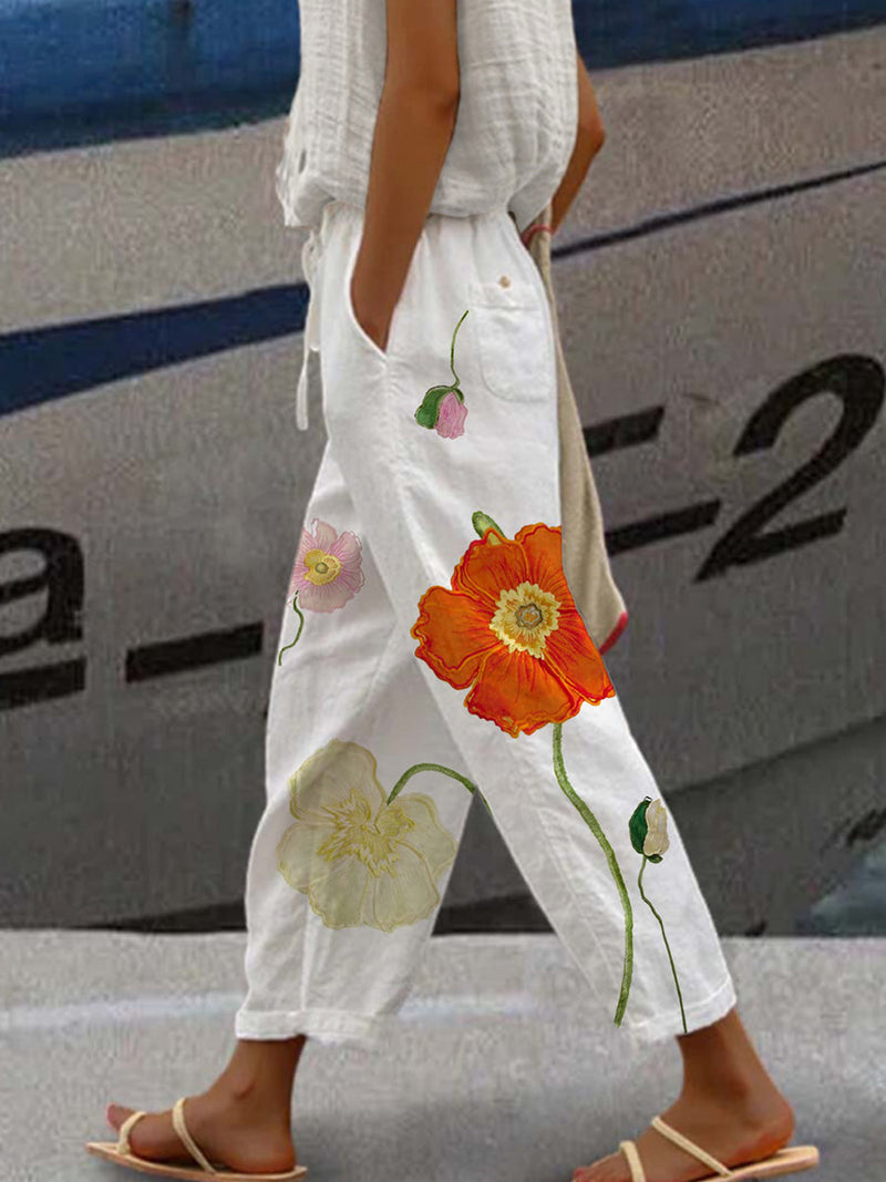 Casual Floral Loose Linen Pants