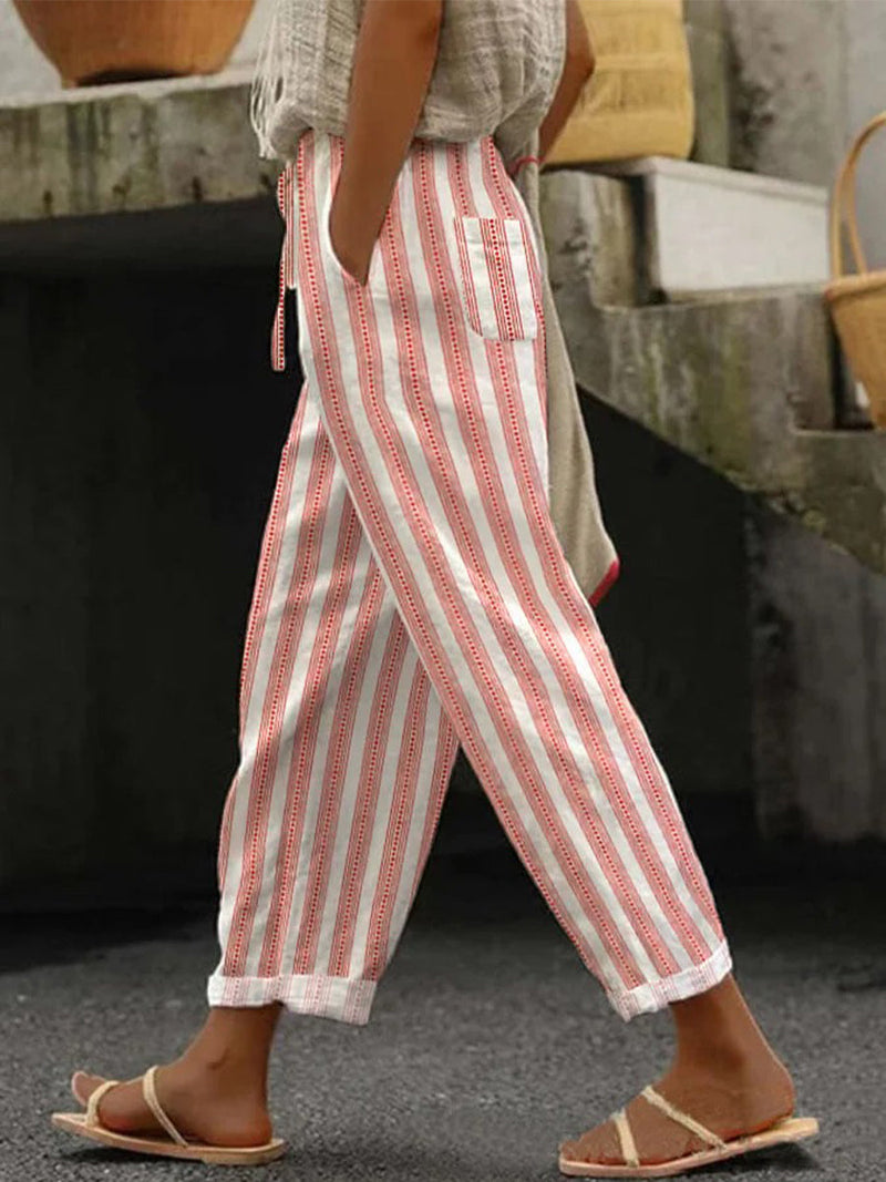 Red Stripe Lace-Up Elastic Waist Loose Casual Pants