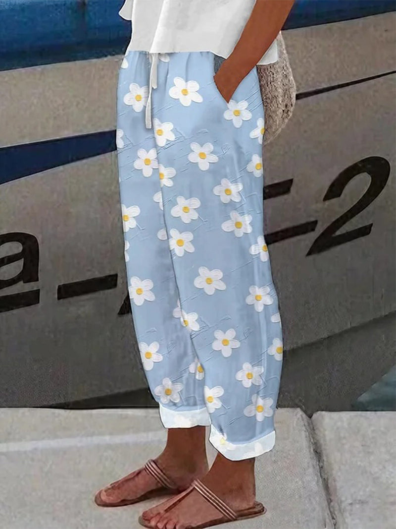 Botanical Floral Print Loose Casual Blue Pants