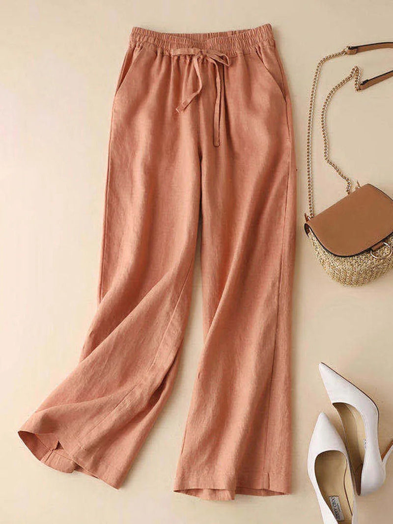 Casual Orange Belted Loose Cotton And Linen Pants