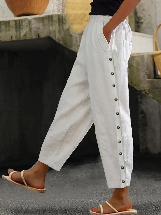 Simple White Casual Solid Pants with Pockets