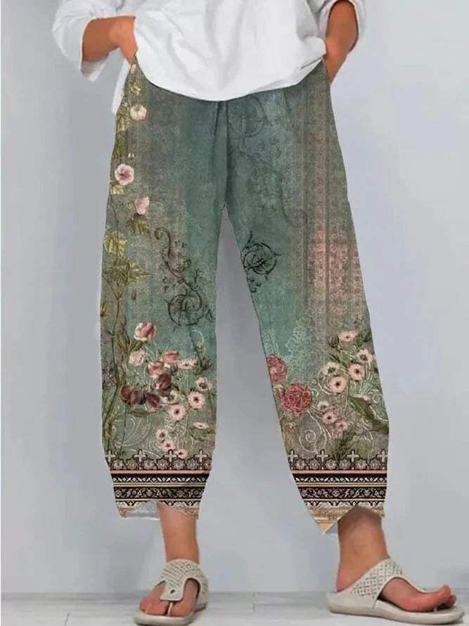 Fresh Green Casual Floral Printed Daily Pants
