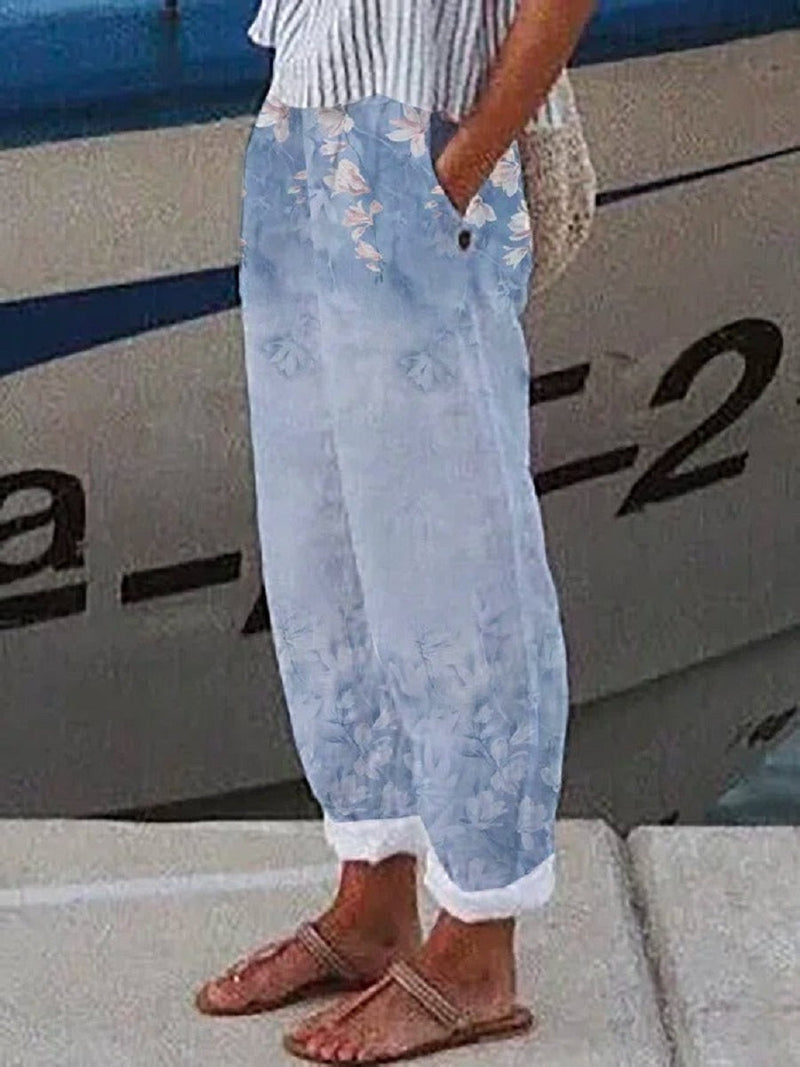Floral Print Light Blue Casual Pants