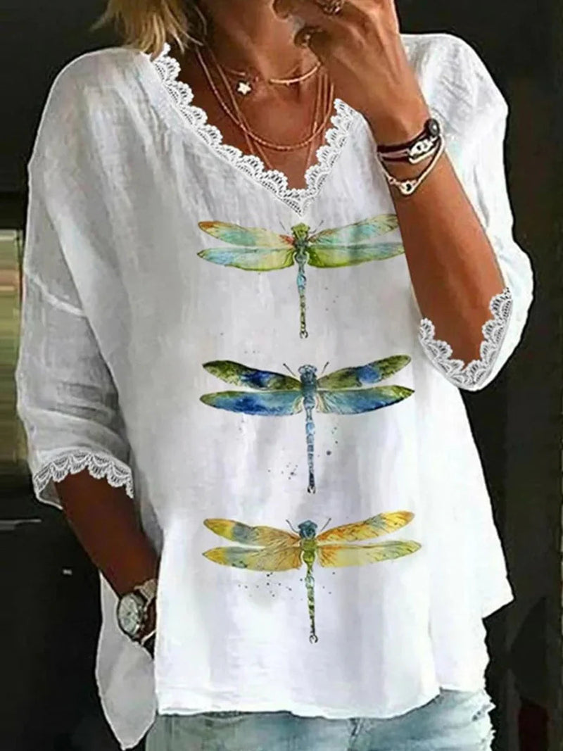 Cute 3/4 Sleeve Dragonfly Print White Top