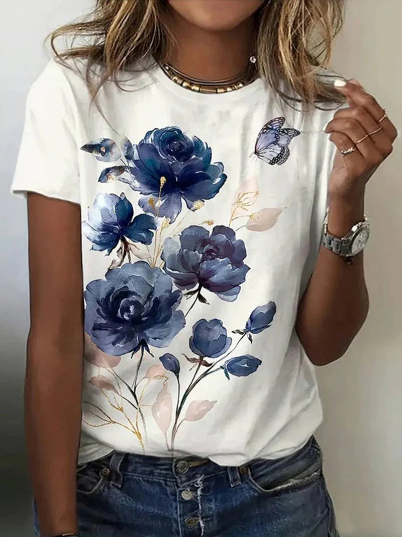 Vintage Casual Floral Print Round Neck Short Sleeve T-Shirt