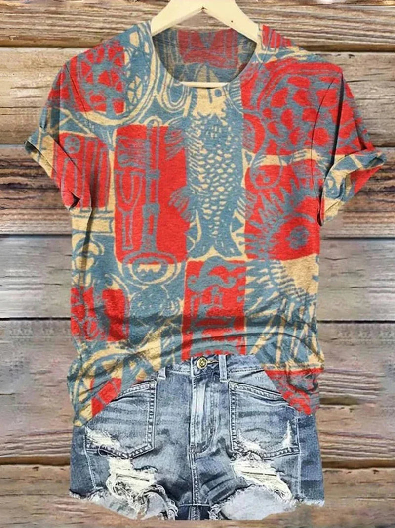 Vintage Floral Round Neck Short Sleeve T-Shirt