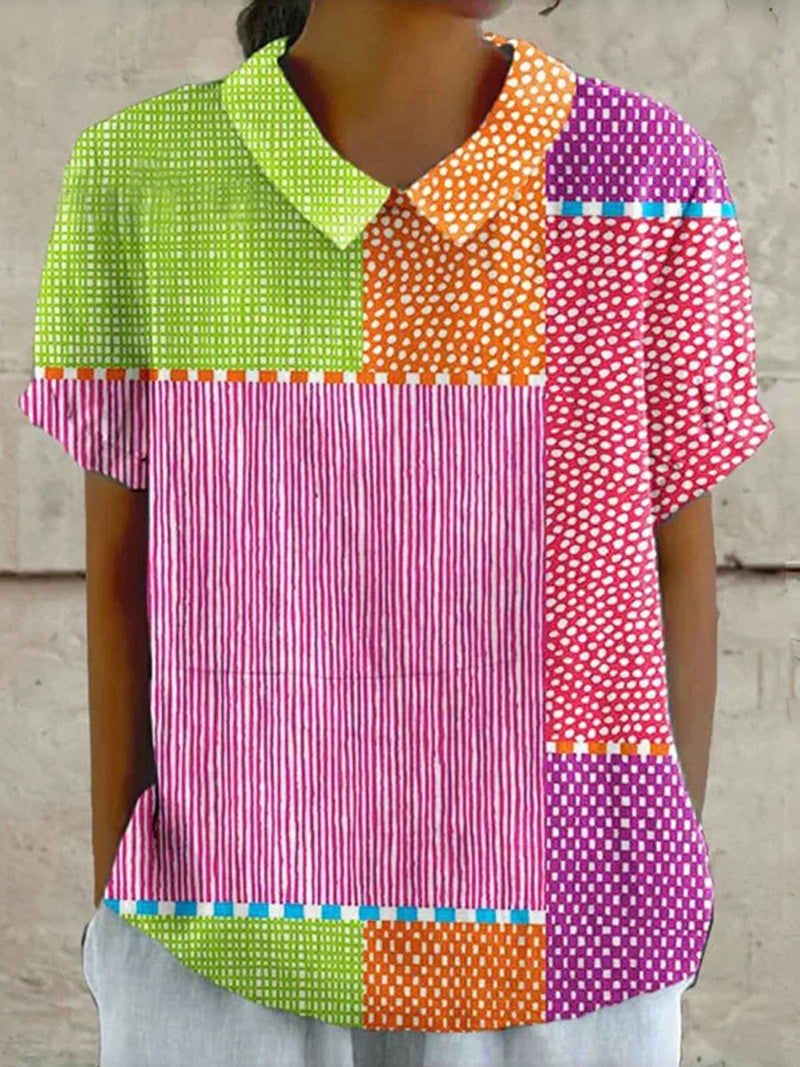 Stylish Vintage Colour Block Short Sleeve Blouse