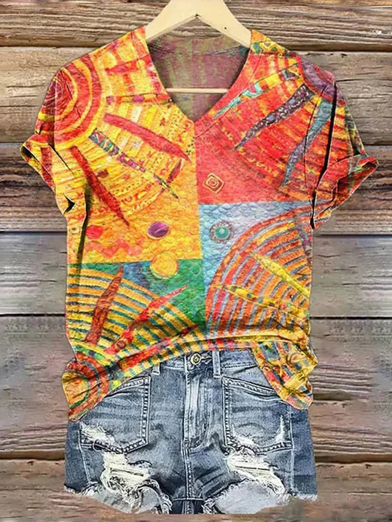 Chic Colourful Abstract Print V-neck Short Sleeve T-Shirt