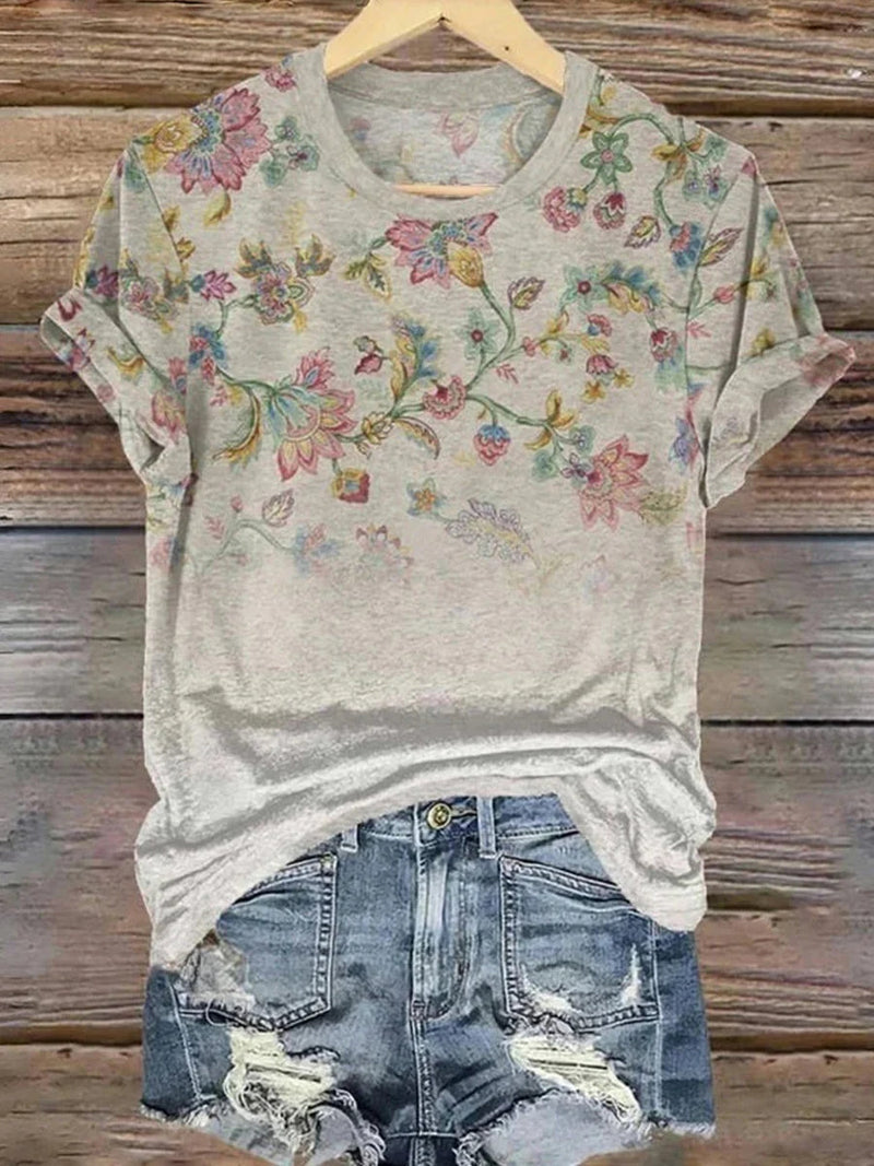 Vintage Floral Print Round Neck Short Sleeve T-Shirt