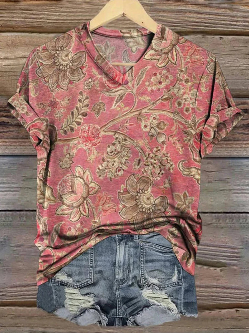 Vintage Red Floral Print V-neck Short Sleeve T-Shirt