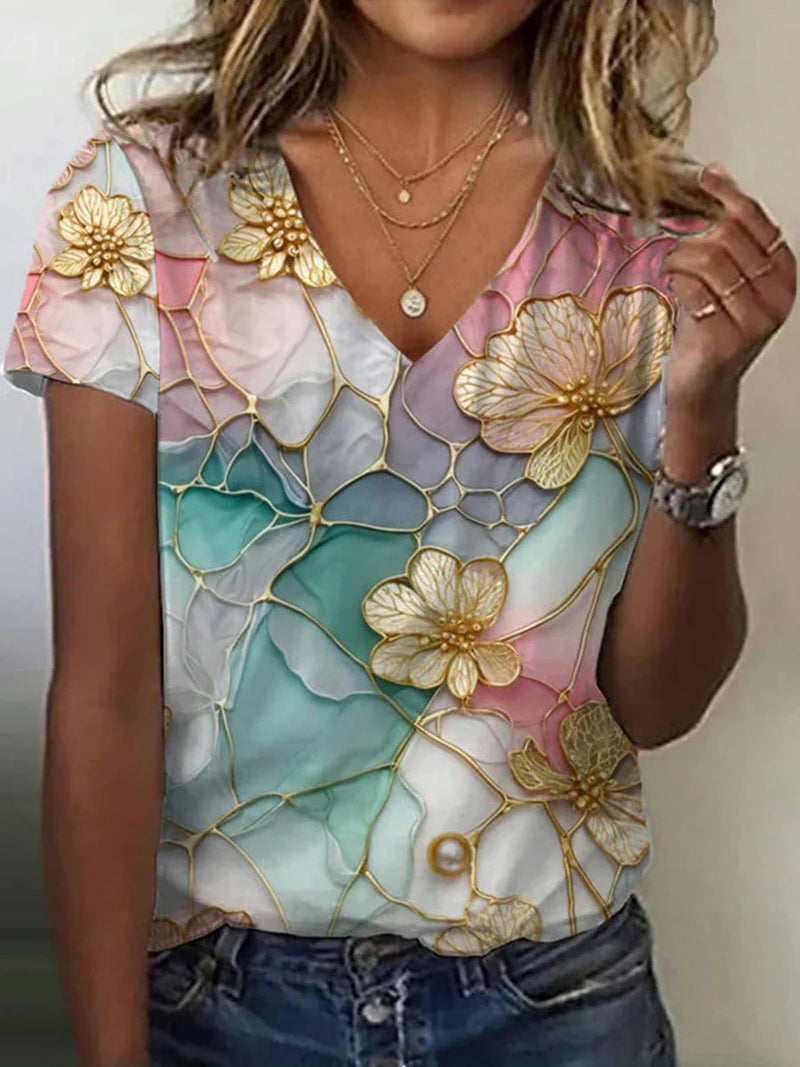 Stylish Gradient Floral V-neck Short Sleeve T-Shirt