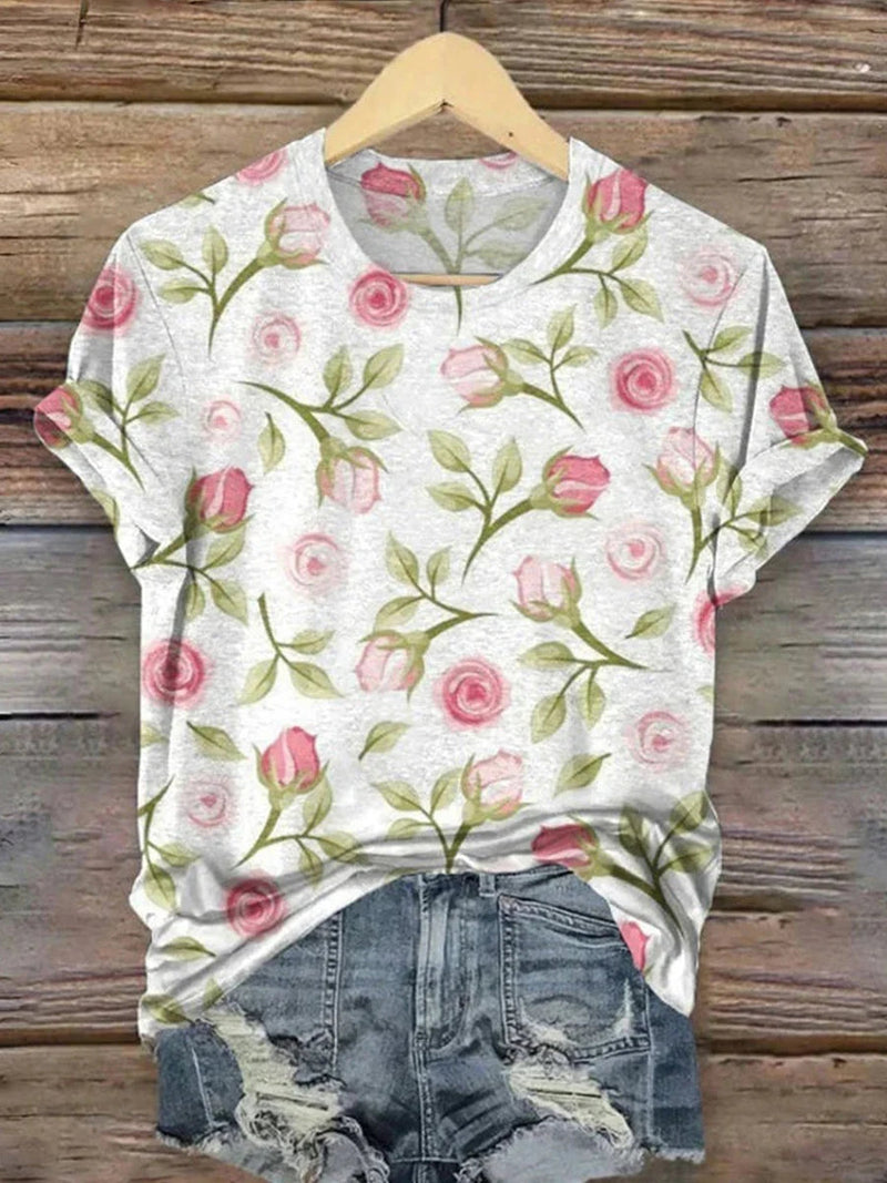 Fresh Floral Print Round Neck Short Sleeve T-Shirt