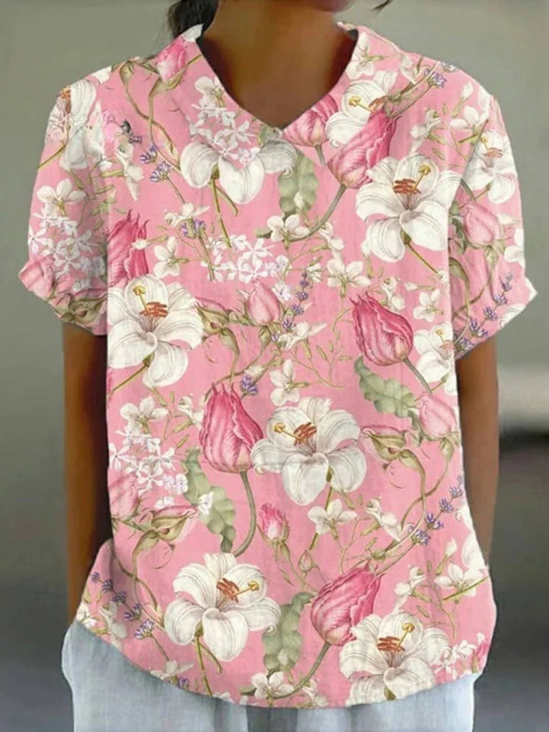 Vintage Floral Print Short Sleeve Pink Blouse