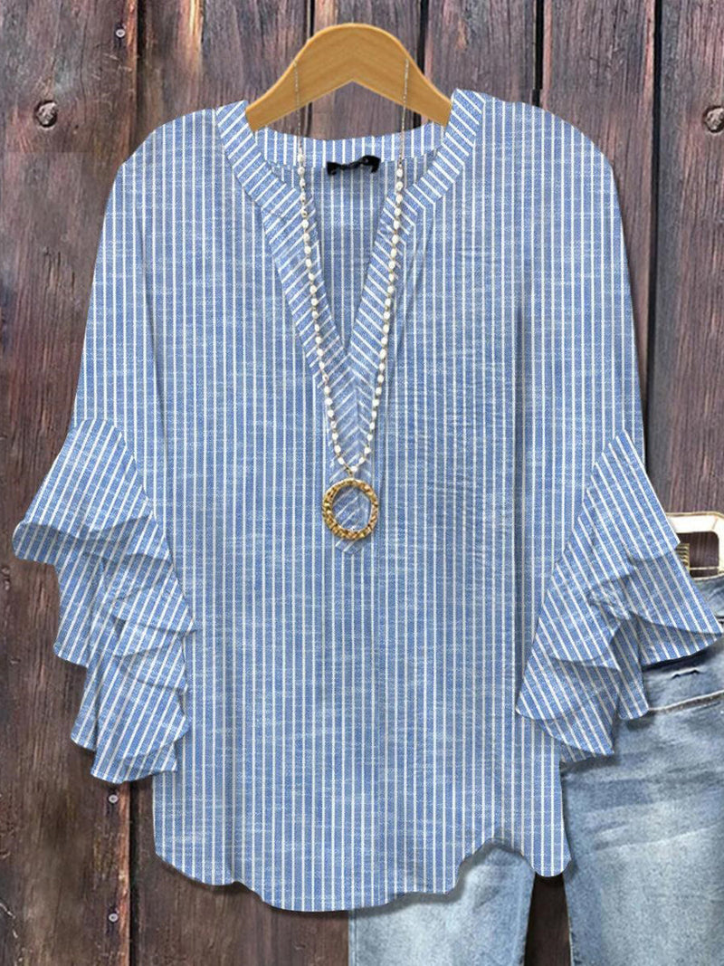 Casual Blue Striped Print V-neck 3/4 Sleeve Top