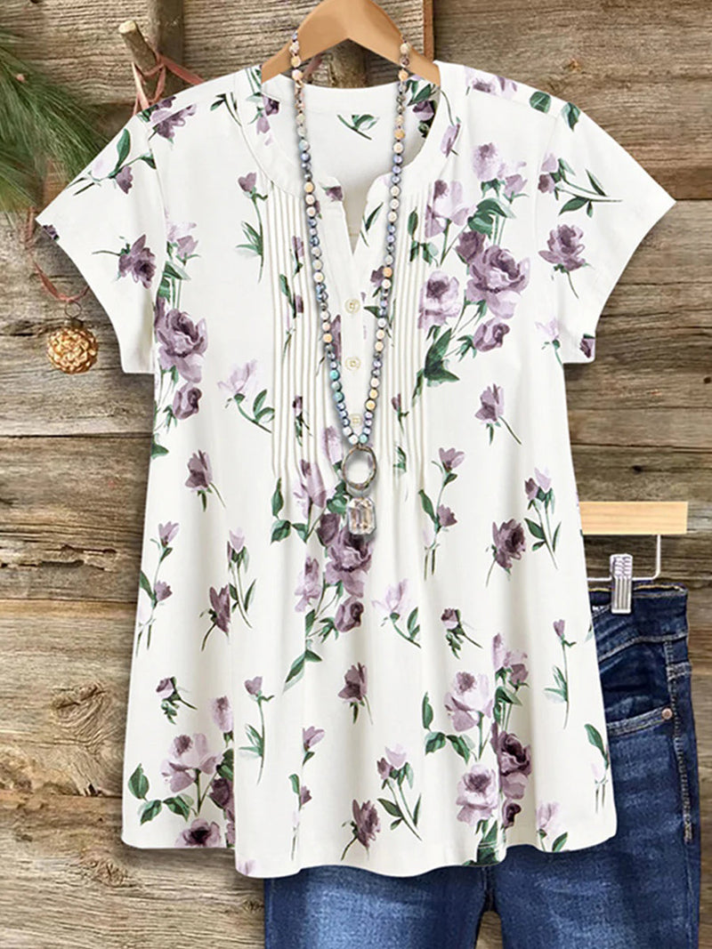 Stylish Floral Print V-neck Short Sleeve Top
