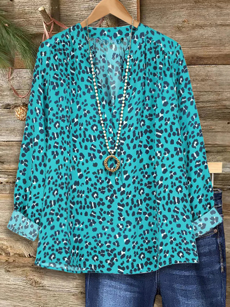 Trendy Leopard Print V-neck Long Sleeve Blue Top