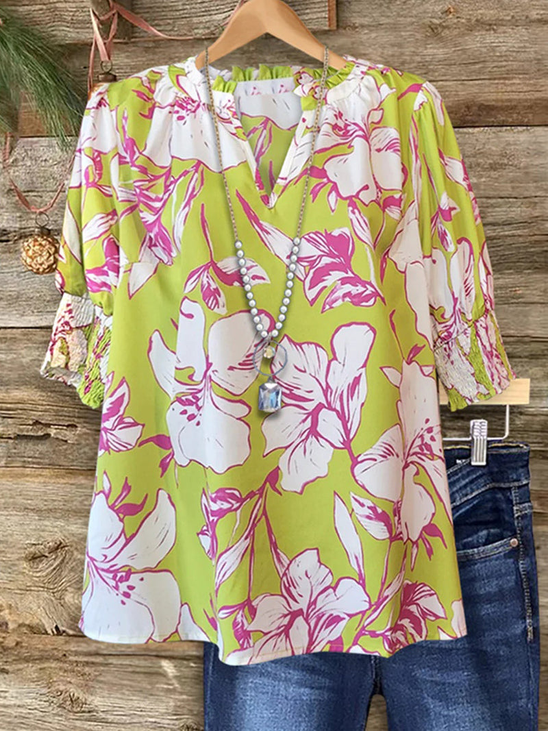 Stylish Floral Print V-neck Short Sleeve Top