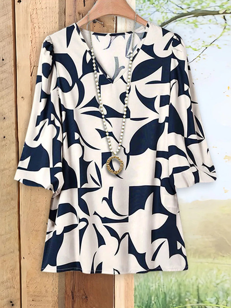 Casual Blue Floral V-neck Long Sleeve Top