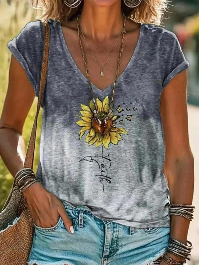 Trendy Floral Print Gradient V-neck Short Sleeve T-Shirt