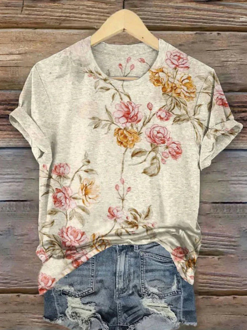Trendy Vintage Print Round Neck Short Sleeve T-Shirt