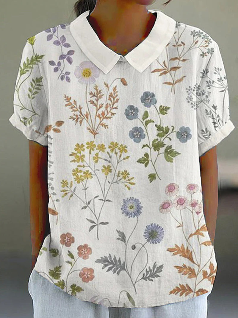 Casual Floral Print Short Sleeve White Blouse