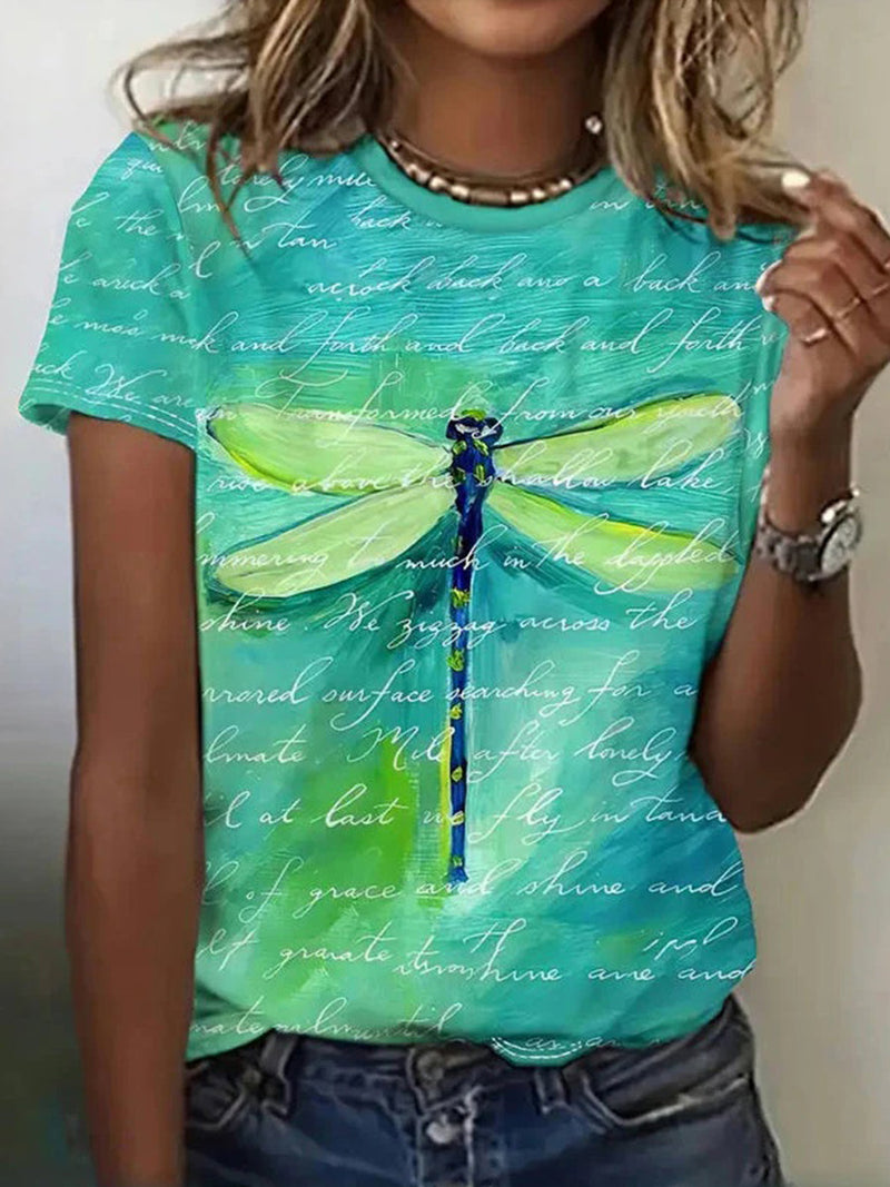 Trendy Dragonfly Print Round Neck Short Sleeve T-Shirt