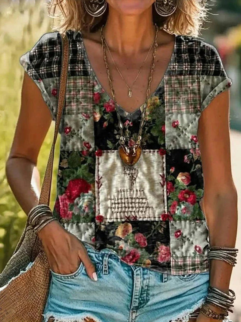 Stylish Vintage Print V-neck Short Sleeve T-Shirt