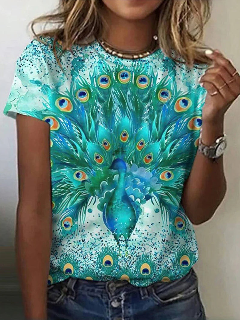 Stylish Peacock Print Round Neck Short Sleeve T-Shirt