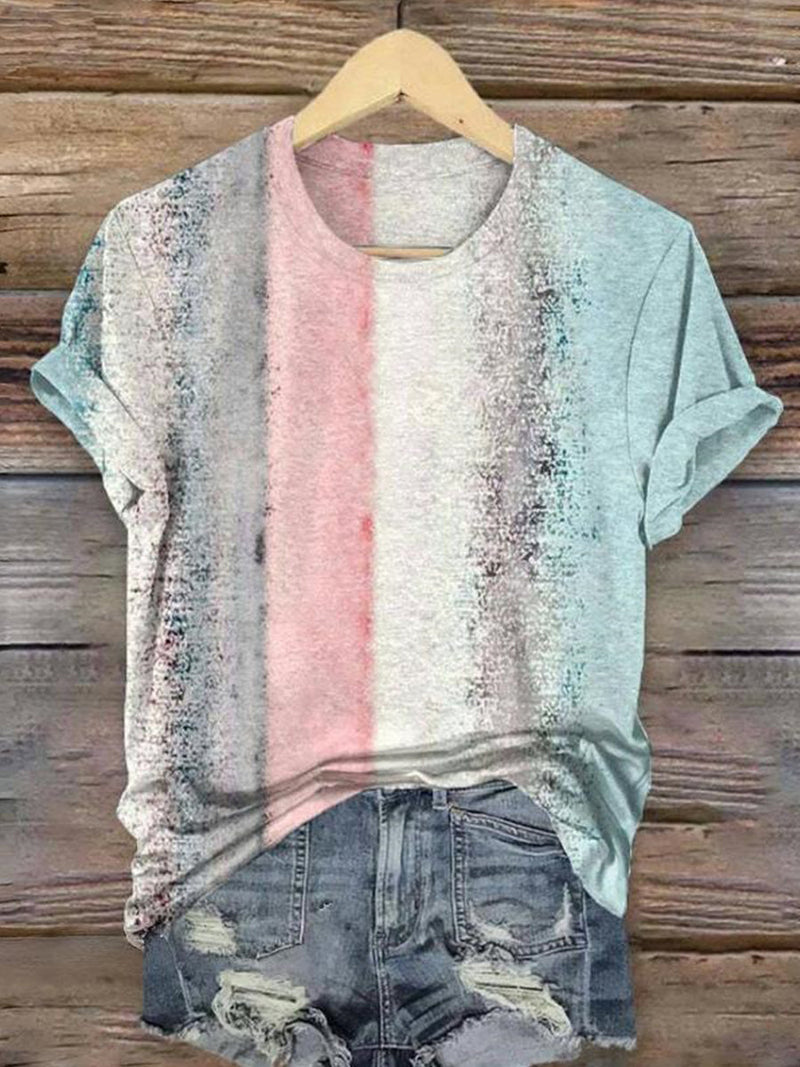 Trendy Gradient Colour Block Round Neck Short Sleeve T-Shirt