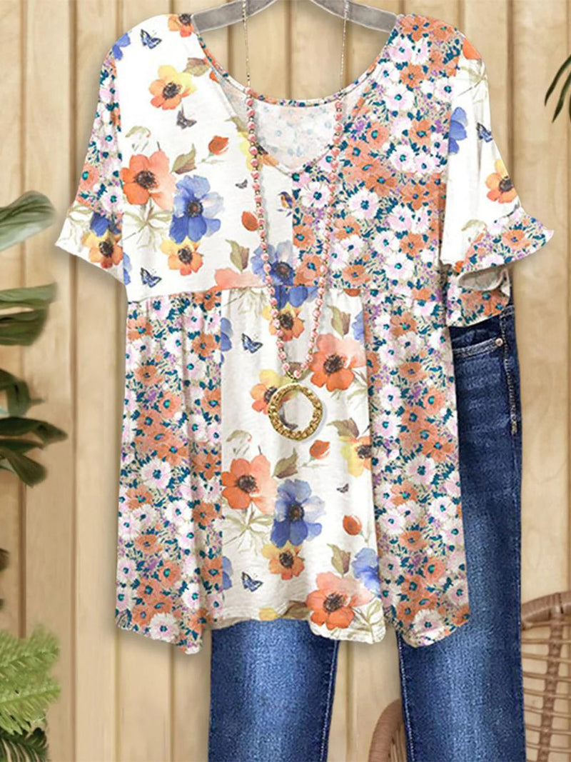 Vintage Floral Print V-neck Short Sleeve Top