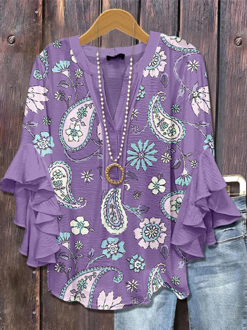 Trendy Purple V-neck 3/4 Sleeve Paisley Print Top
