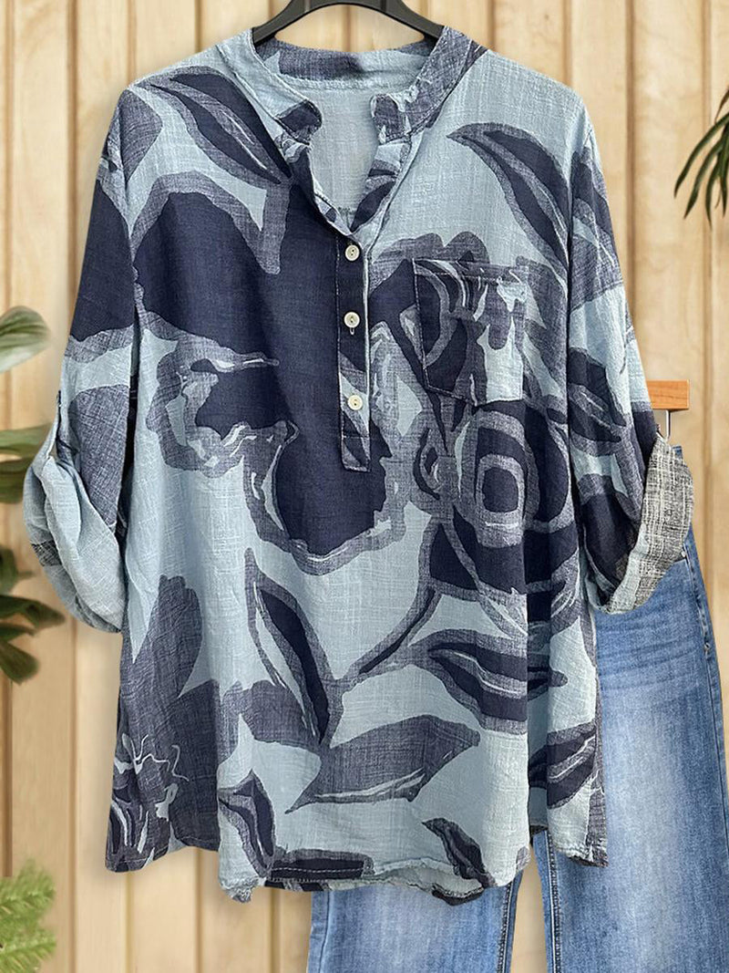 Casual Blue V-neck Long Sleeve Top