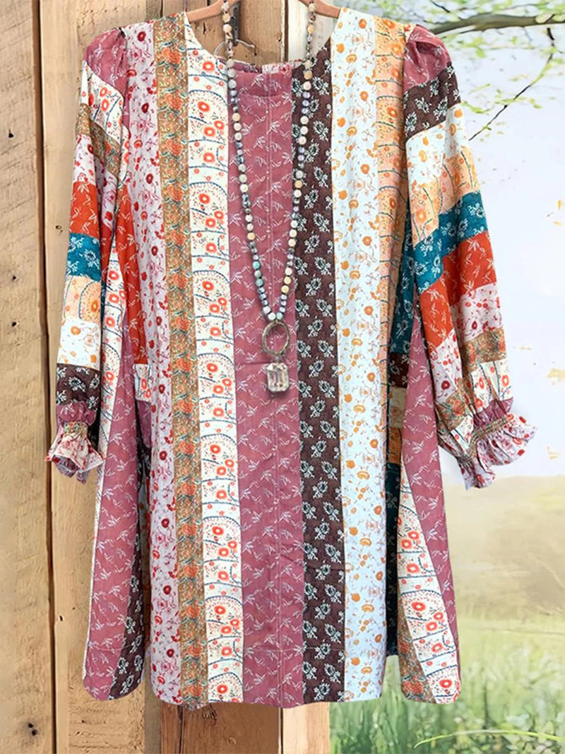 Casual Colourful Floral Round Neck Long Sleeve Top