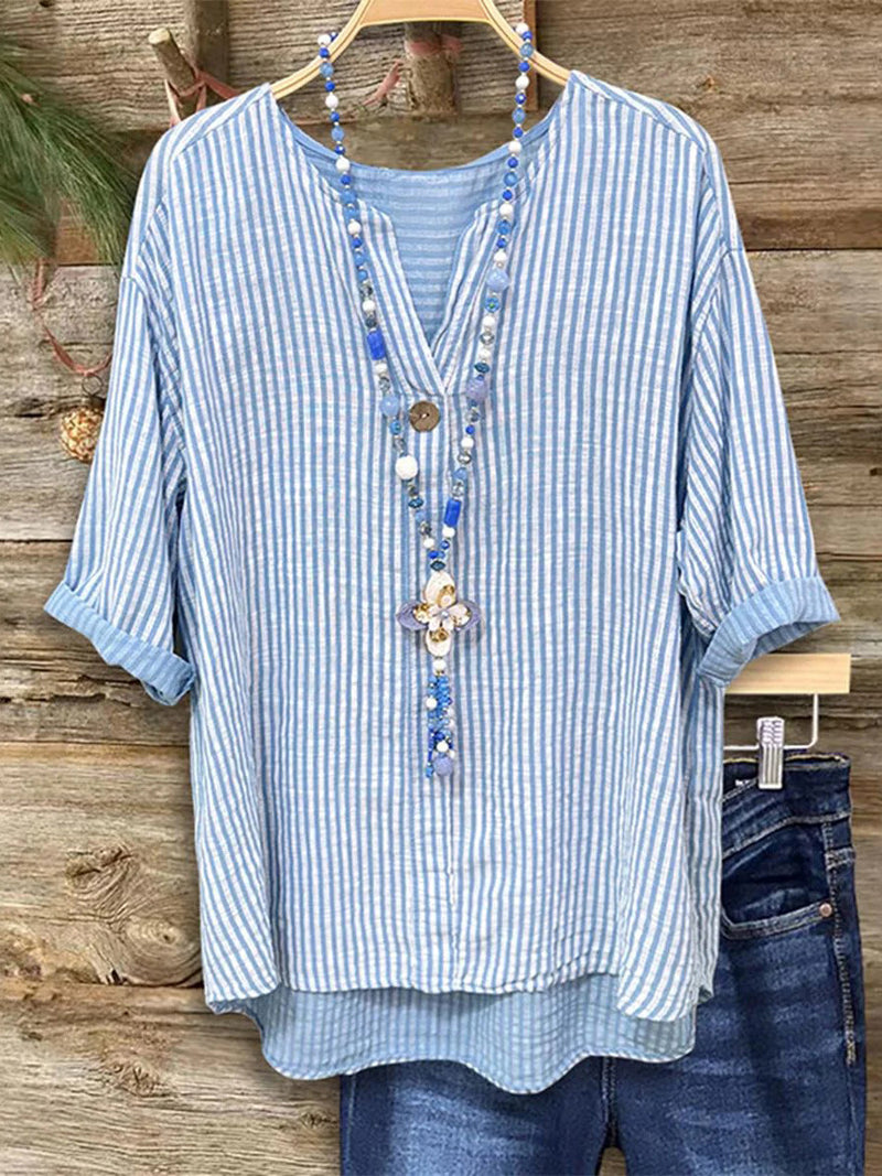 Stylish Blue V-neck Half Sleeve Striped Print Top