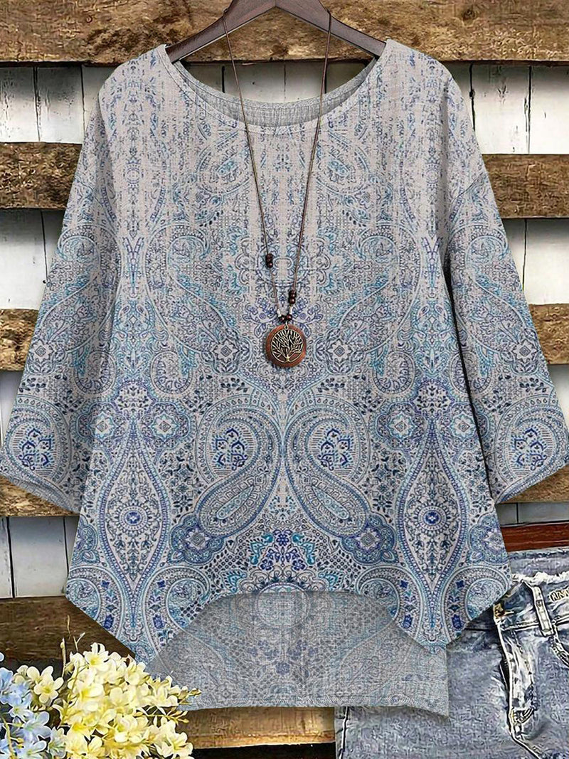 Trendy Paisley Print Round Neck Long Sleeve Top