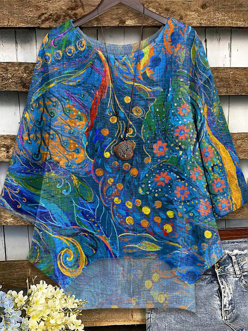 Trendy Blue Round Neck 3/4 Sleeve Top
