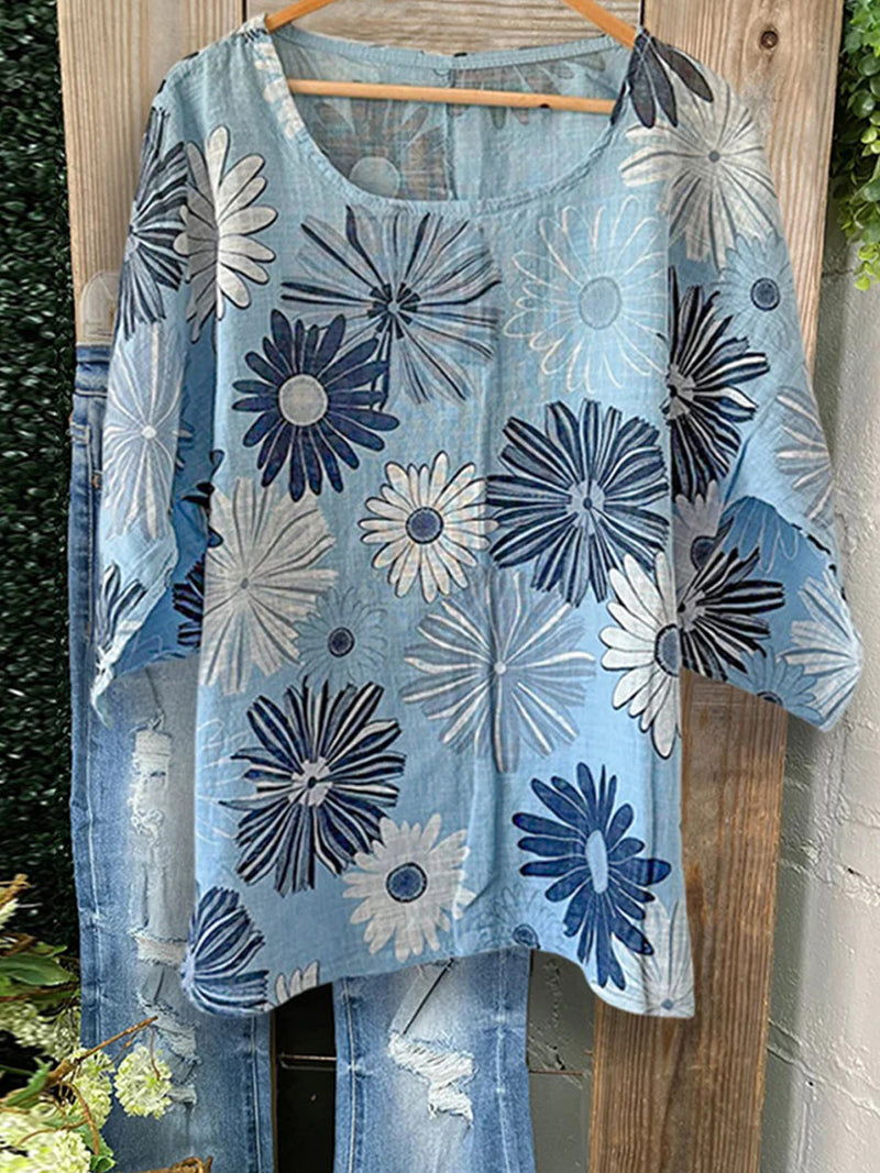 Vintage Blue Floral Round Neck Top