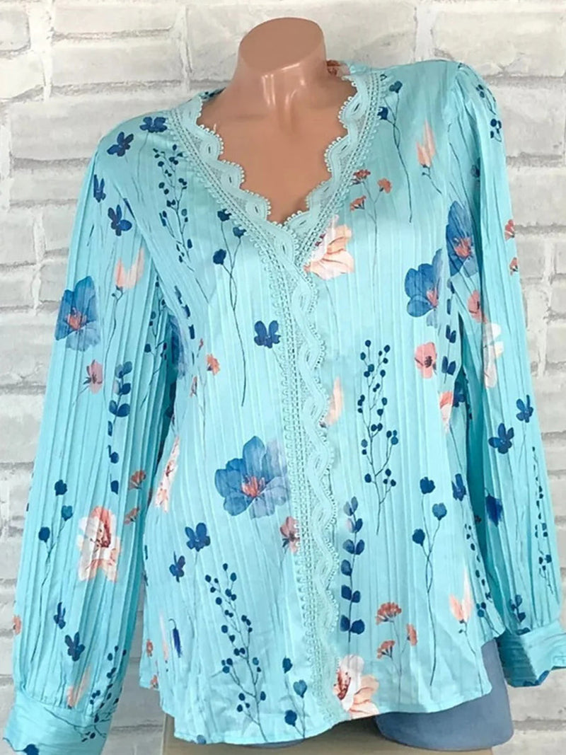 Stylish Blue Floral Print V-neck Long Sleeve Top
