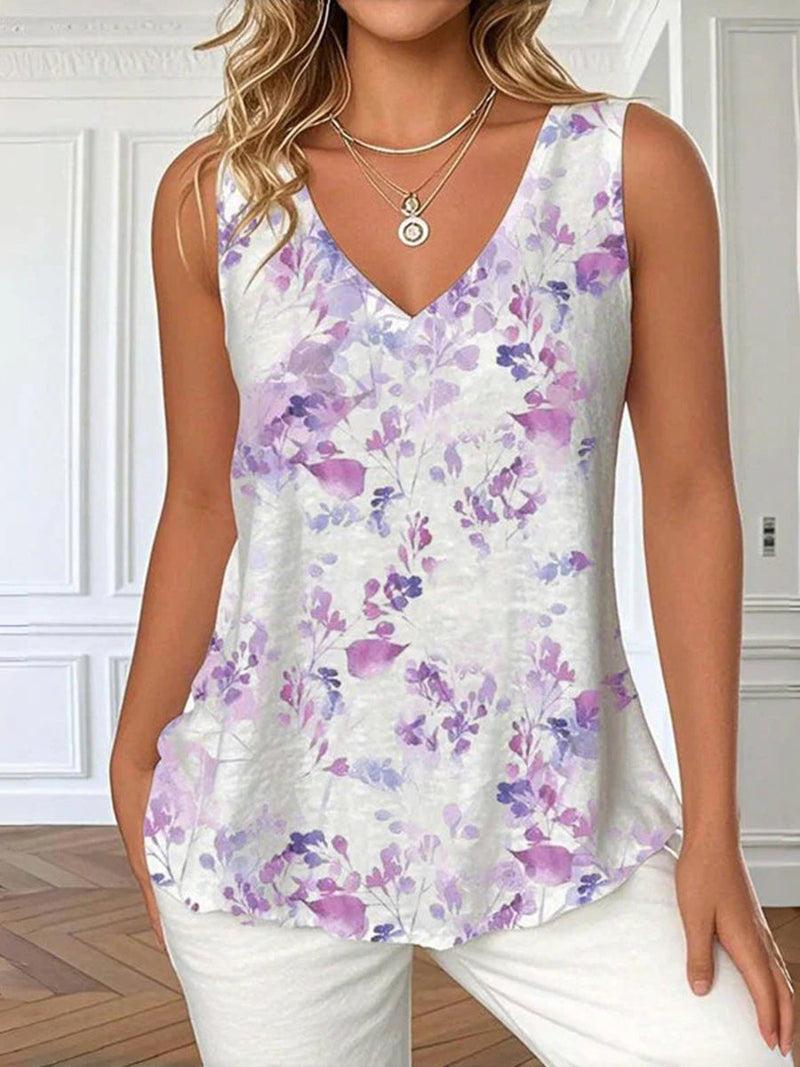 Brighting Floral Print V-neck Sleeveless Tank Top