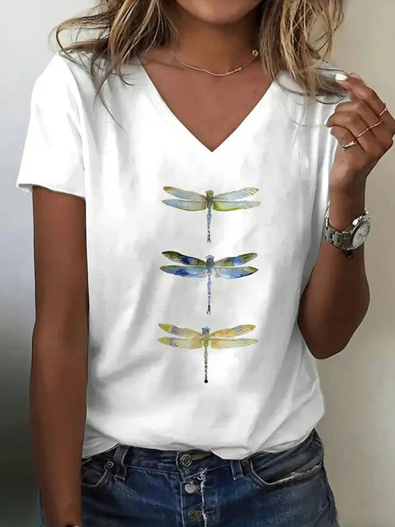 Trendy Dragonfly Print V-neck Short Sleeve T-Shirt