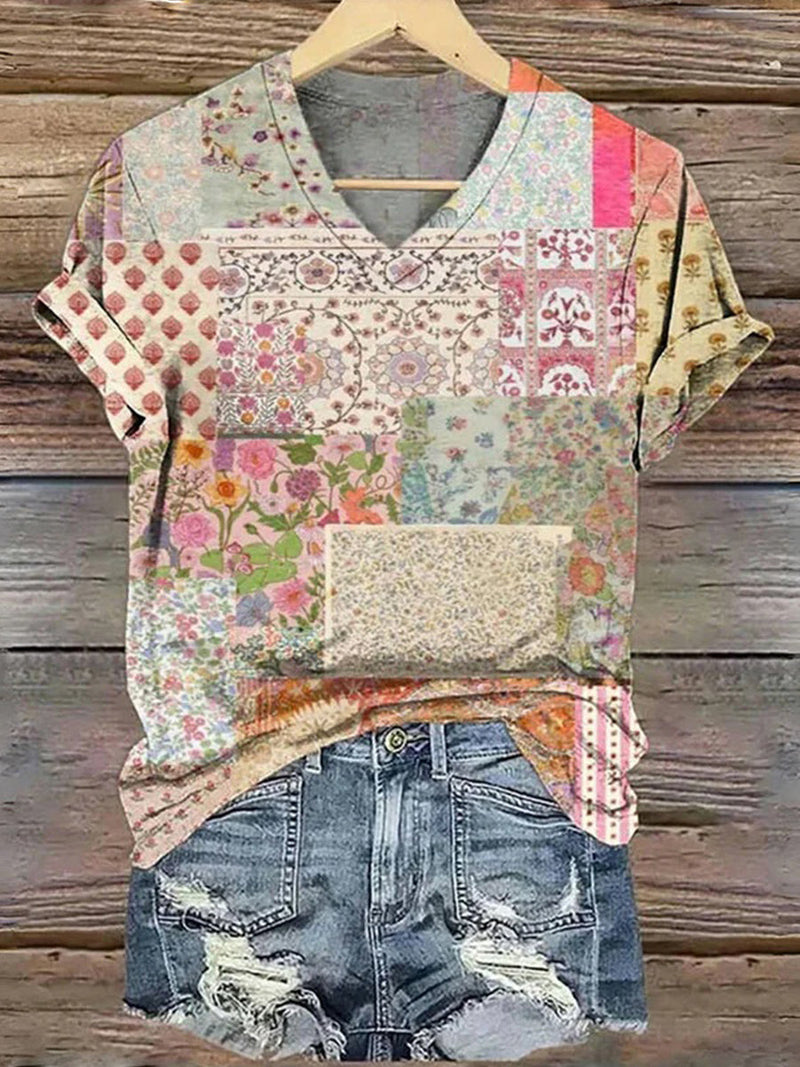 Trendy Vintage Floral Print V-neck Short Sleeve T-Shirt
