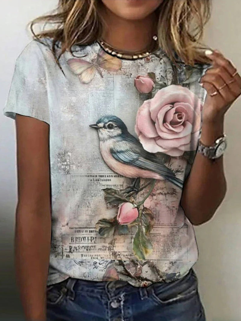 Trendy Vintage Floral Print Round Neck Short Sleeve T-Shirt