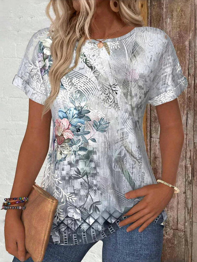 Vintage Print Round Neck Short Sleeve T-Shirt