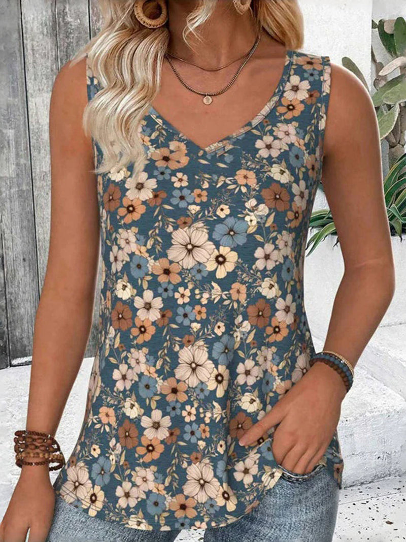 Casual Vintage Floral Print V-neck Sleeveless Tank Top