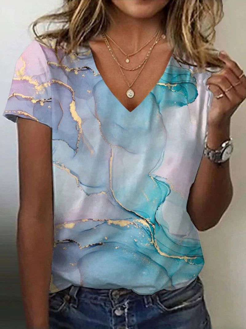 Chic Gradient V-neck Short Sleeve T-Shirt