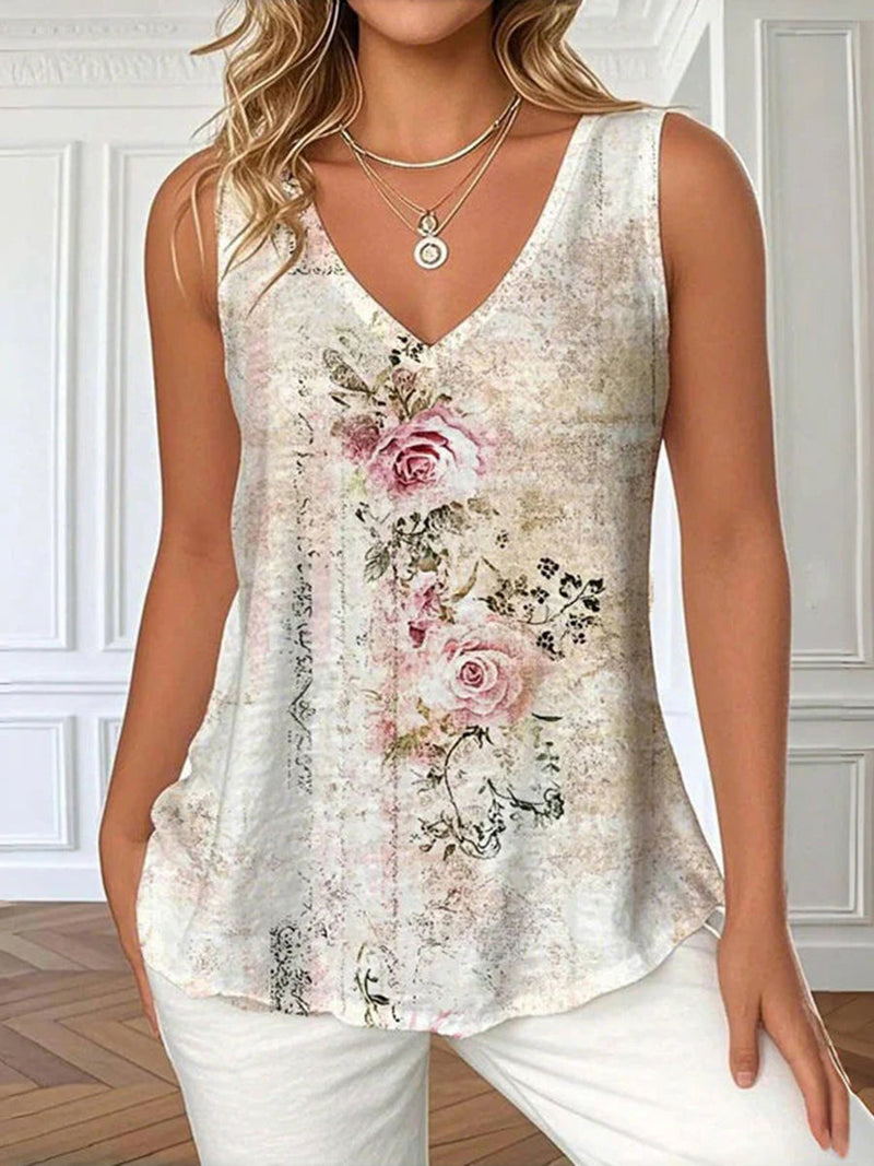 Stylish Floral Print V-neck Sleeveless Tank Top