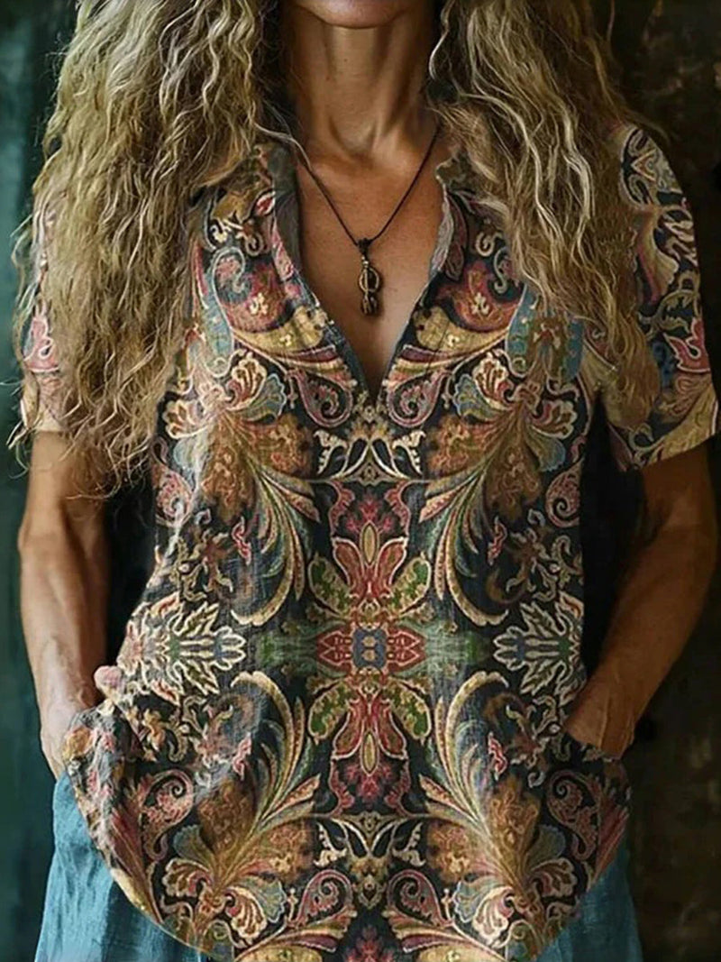 Trendy Ethnic Print V-neck Short Sleeve Blouse