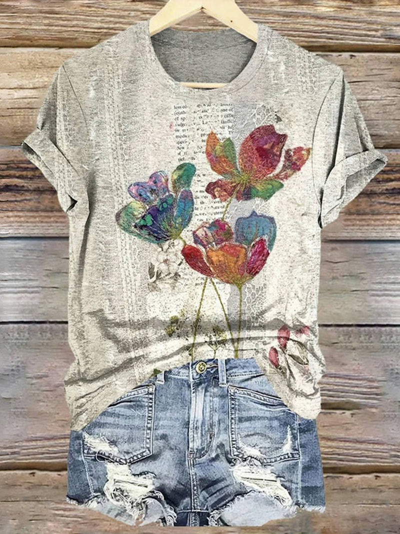 Vintage Floral Print Round Neck Short Sleeve T-Shirt