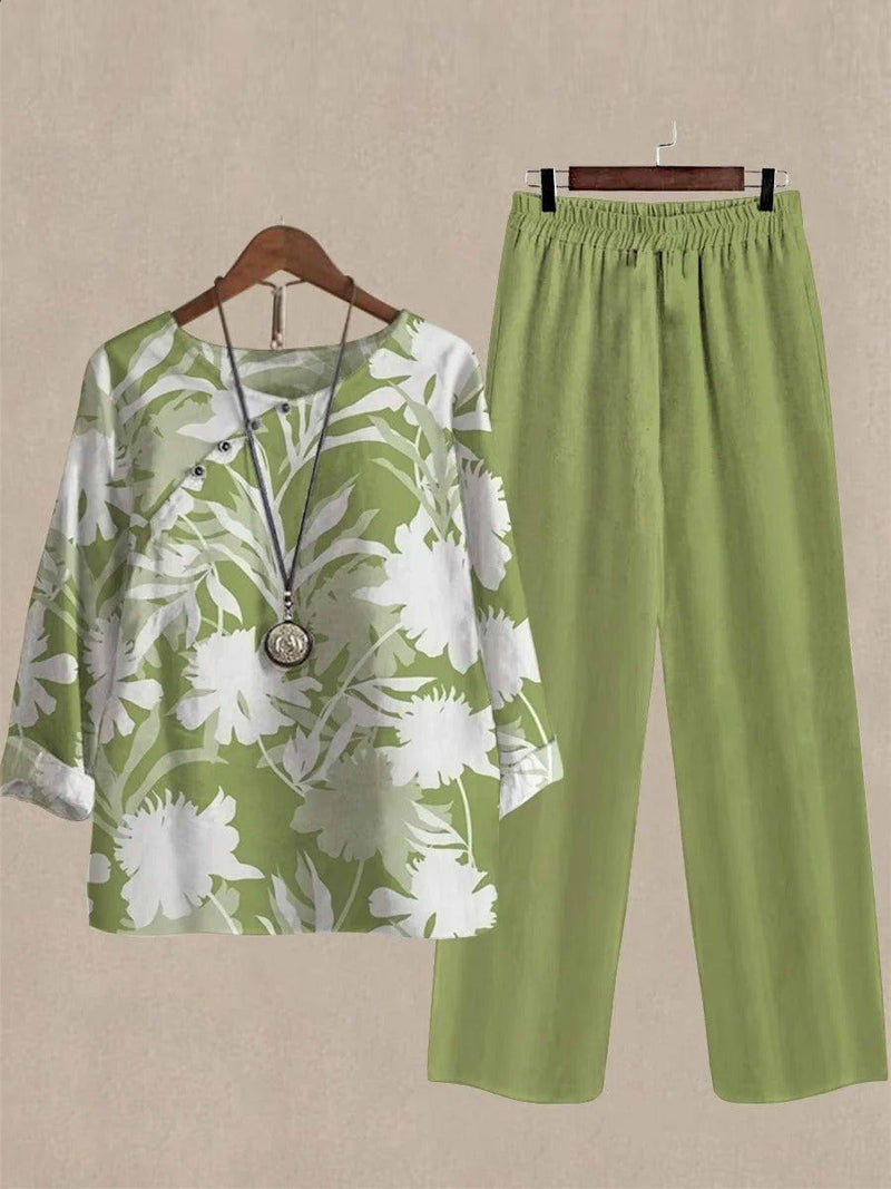 Casual Floral Print Top & Elastic Waist Pants Set for Women