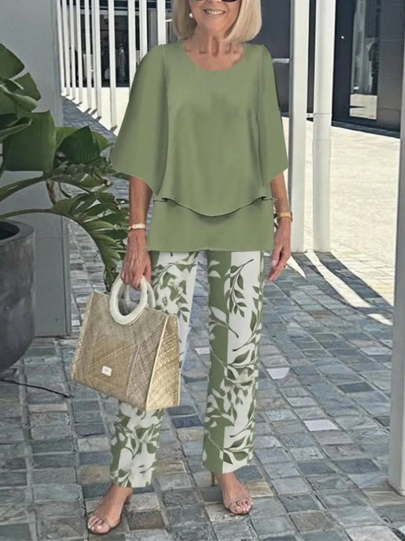 Elegant Green Two-Piece Set: Layered Top & Leaf Print Pants